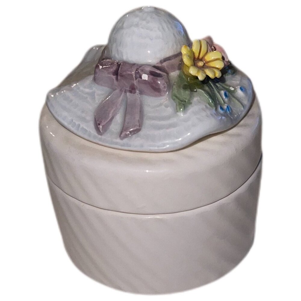 Vintage Fitz and Floyd Round Hat Lid Trinket Jewelry Box Ceramic Hand-painted